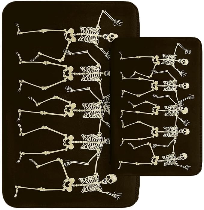 Bathroom Rug Mat Set of 2, 16x24 + 20x32 Inch, Skeleton Black - skull toilet mat