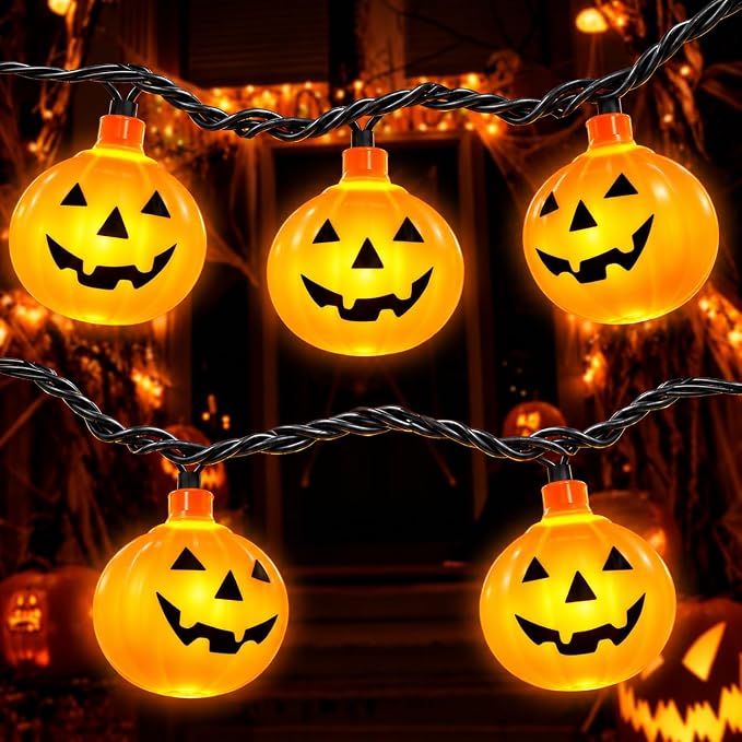 Couah Halloween Pumpkin String Lights, 8.5 Ft LED with 10 Jack O Lantern Lights - Waterproof, Plug-in for Indoor Outdoor Party, Garden, Yard Decoration - string light