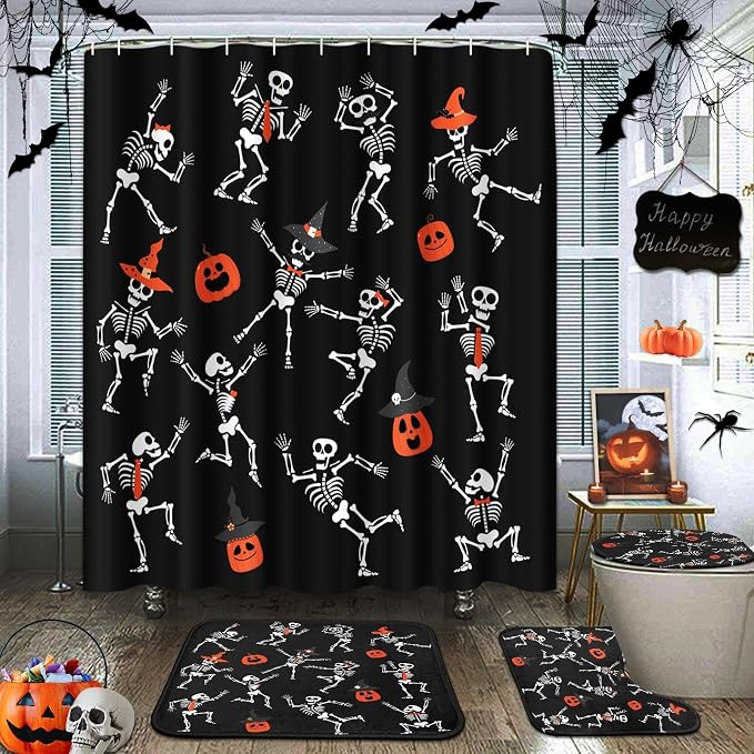 ArtSocket Halloween Bathroom Sets with Shower Curtain and Rugs Black Skull - skull toilet mat