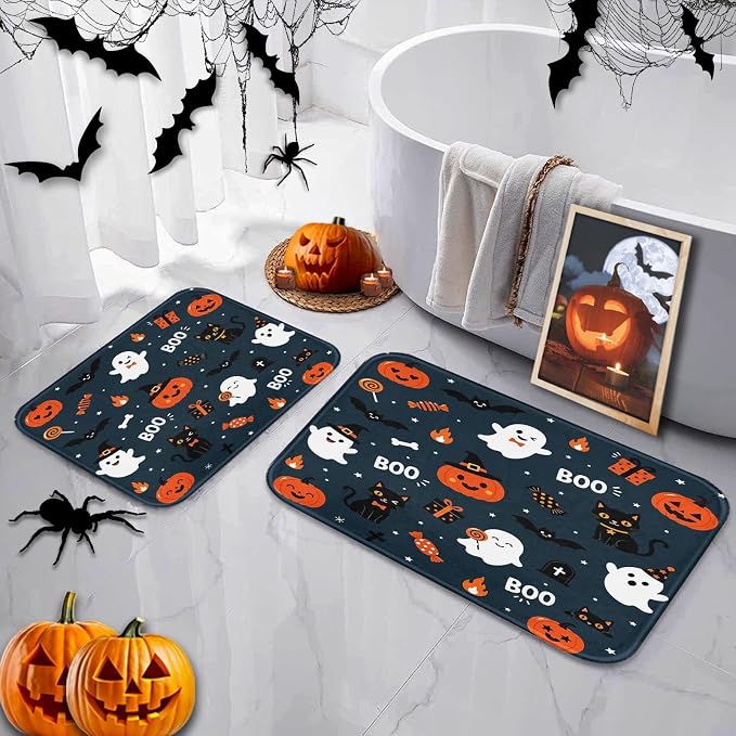 Arttown Bathroom Rug Mat Set of 2, 16x24 and 20x32 Inch Halloween Pumpkin - skull toilet mat