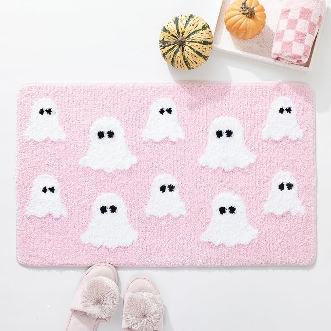 TRUEDAYS Halloween Ghost Bathroom Rug, Cute Tufted Bath Mat, Pink