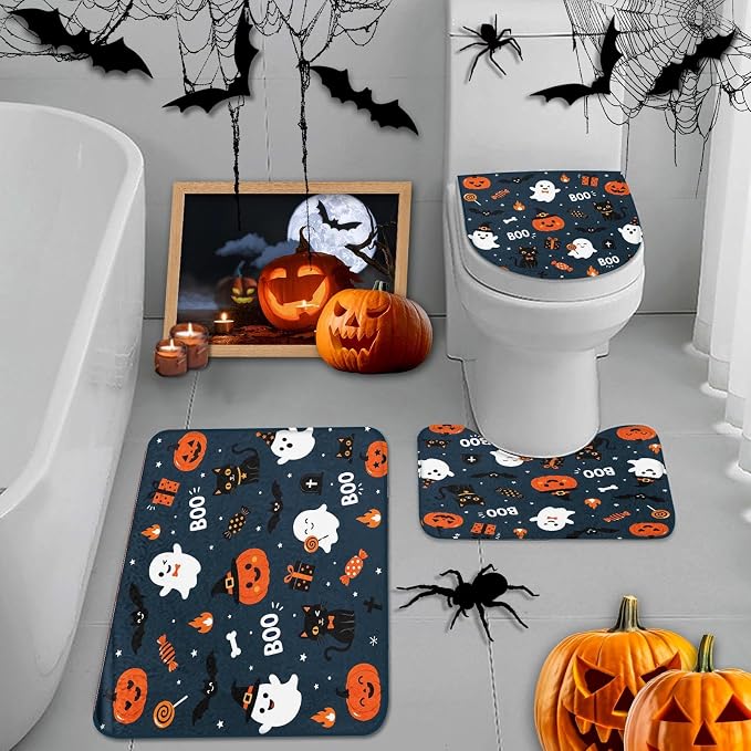 ArtSocket Bathroom Rug Set of 3, Bath Mats Halloween Ghost Black - skull toilet mat