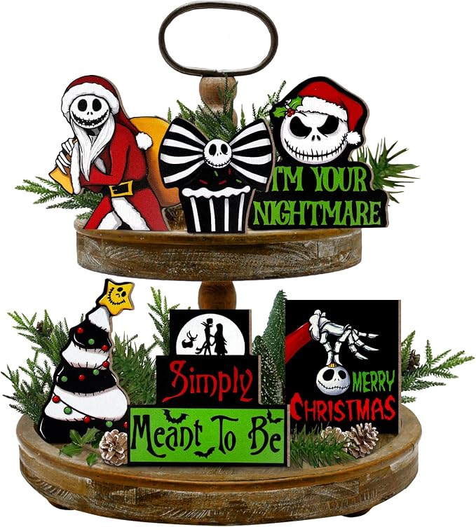 Christmas Tiered Tray Decor, Night. mare BE Fore. Xmas Tray - skeleton