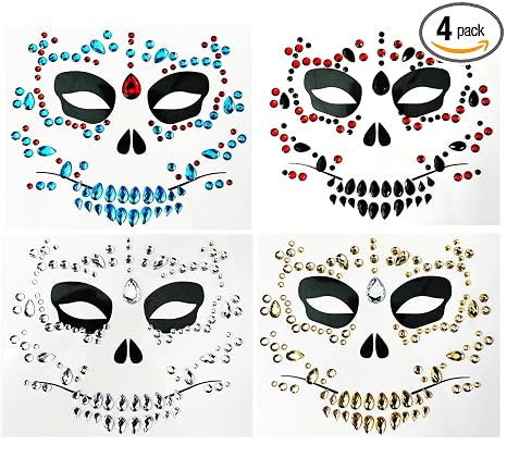 Suger Skull Day Of The Death Face Gems, 4-Pack - sugar skull costume