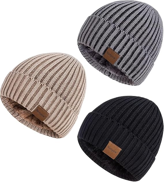 Nertpow Mens Beanie Hats 3 Pack, Winter Hats for Men Women Warm Thermal Fleece Lined, Thick Knit Fashion Skull Cap for Guys - skull hat