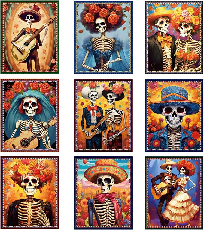 Adduster Day of The Dead Poster – 9 Piece Day of the Dead Decorations Sugar Skull Wall Art Sugar Skull Art Print for Mexico Holidays Halloween Wall Decor Living Room Decor
