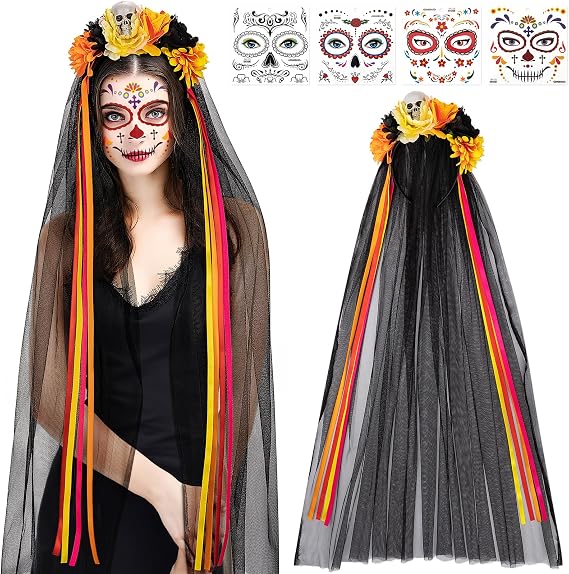 DPKOW Halloween Day of the Dead Headband Veil Rose Floral Crown Sugar Skull Face Tattoos Halloween Costume Accessories - sugar skull makeup