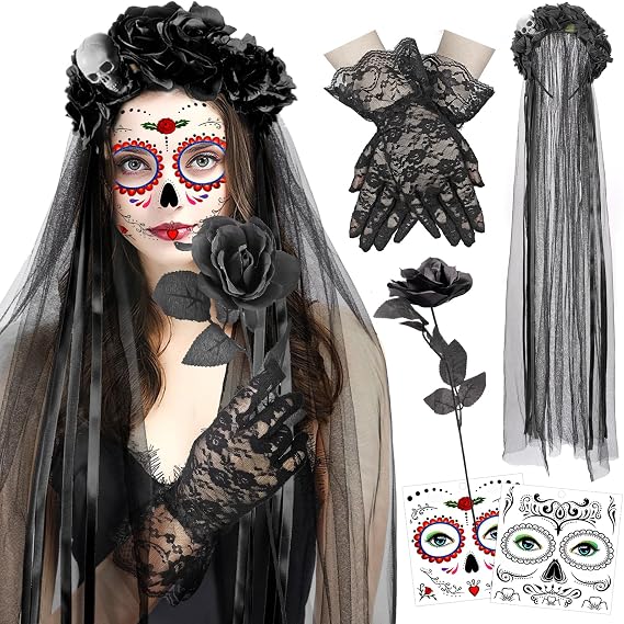 DPKOW Halloween Day of the Dead Headband Veil Rose Floral Crown Sugar Skull Face Tattoos Halloween Costume Accessories - skull headband