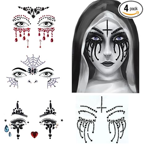 Halloween Face Gems Jewels,Day of the Dead Skull Spider Web Clown Rhinestone Face Tattoo Stickers for Men Women Kids Halloween Cosplay Makeup - skull sticker