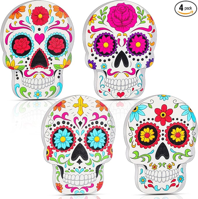 Thyle 4 Pcs Day of The Dead Sugar Skull Table Decorations, Wooden, Modern - skull candle