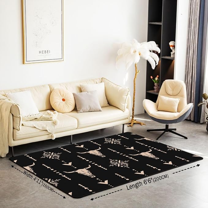 Bull Skull Area Rug 3x5 Boho Rug Ethnic Horns Bohemian Carpet for Living Room Brown Tribal Symbol Mysterious Aztec Non Slip Abstract Geometric Decorative Rug for Men Boys - skull carpet