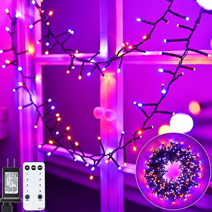 Purple and Orange Halloween Lights 400 LED Cluster Lights String 19.7FT 8Modes Waterproof for Indoor Outdoor Halloween Decor - string light