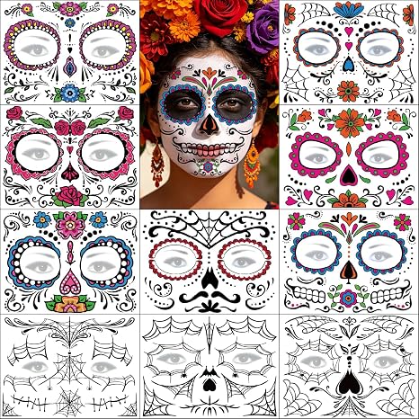 Day of the Dead Face Tattoos - 10 Sheets Halloween Temporary Tattoos Face Stickers Kit Día de Los Muertos Glitter Red Roses Skeleton Sugar Skull Fake Tattoo for Halloween Makeup on Face Body - sugar skull makeup
