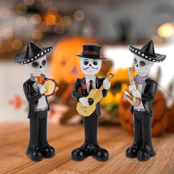 Day of The Dead Figurines Decoration,Skeleton Statues Mariachi Band Halloween Decor, Dia de Los Muertos Skull Decorations, Realistic Musician Ornament, Party Indoor Decor (5.5In, 3PCS) - skull figurine