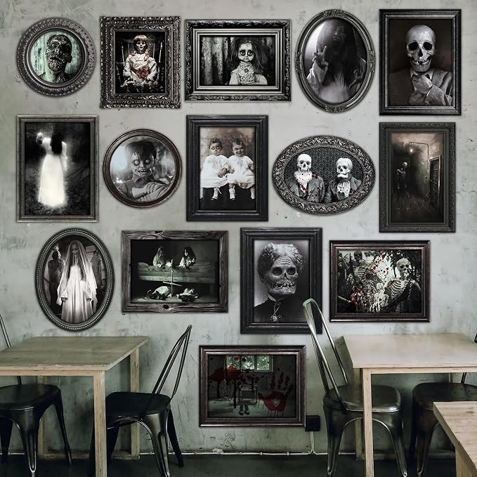 Benjia 15 Halloween Gothic Creepy Skull Photos Haunted Horror Picture Frame, Waterproof Durable, with 80pcs Self Adhesive Dots，Creepy Photo Decoration For Haunted Family Castle Masquerade Party Black - skull wall art