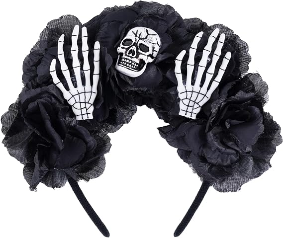 hoyuwak Halloween Headband Black Flower Hair Accessories Skull Hairband Day of the Dead Headpiece Headwear for Women Girl Decor - skull headband