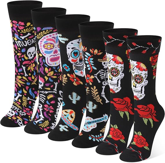 Tarpop 6 Pairs Day of the Dead Sock Dead Cotton Socks Unisex Funny Dia De Los Muertos Crew Socks Gifts for Men's Women - sugar skull costume