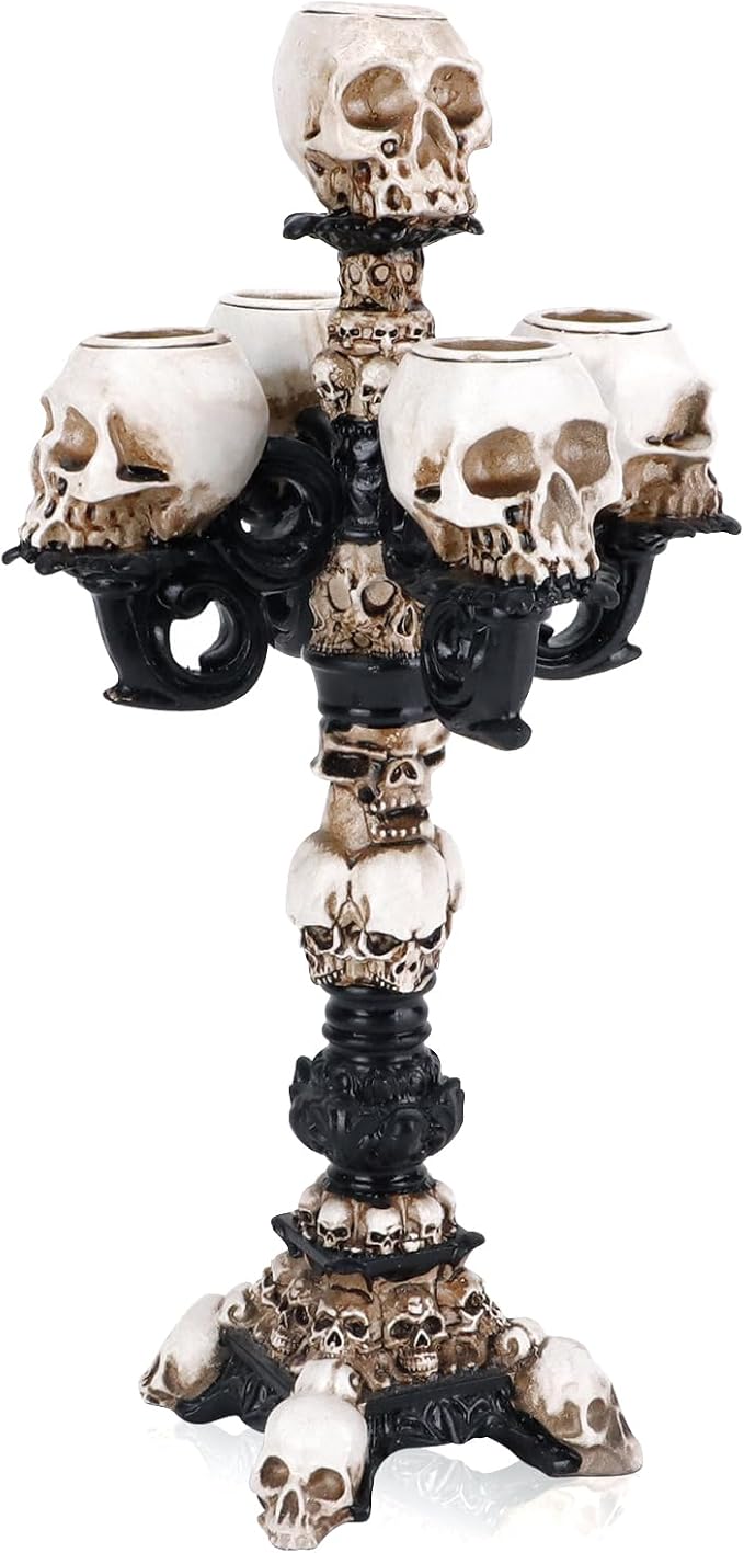 Skull Candle Holder for Halloween Decoration, Resin Gothic Skeleton Head Candlestick for Pillar Candle, Retro Spooky Desktop Tealight Cup for Christmas Home Office Party - skull candle