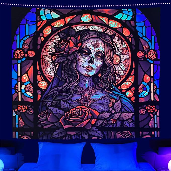 RILACON Day of The Dead Black Light Reactive Tapestry Rose Suger Skull Wall Hanging Tapestry Glow in the Dark Church Skeleton Poster Trippy Wall Art Decor for Bedroom Living Room - skull carpet