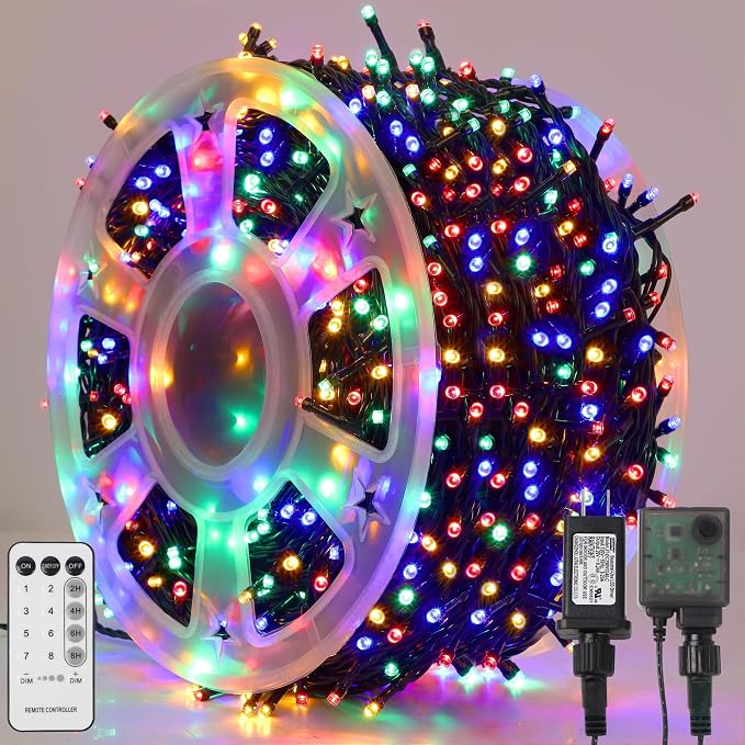 LJLNION 1000LED Christmas Lights, Extra Long 328FT Xmas Green Wire Fairy String Lights Plug in Outdoor, Remote Control & 8 Lighting Modes, Waterproof for Wedding Party Bedroom Decorations, Multicolor - string light