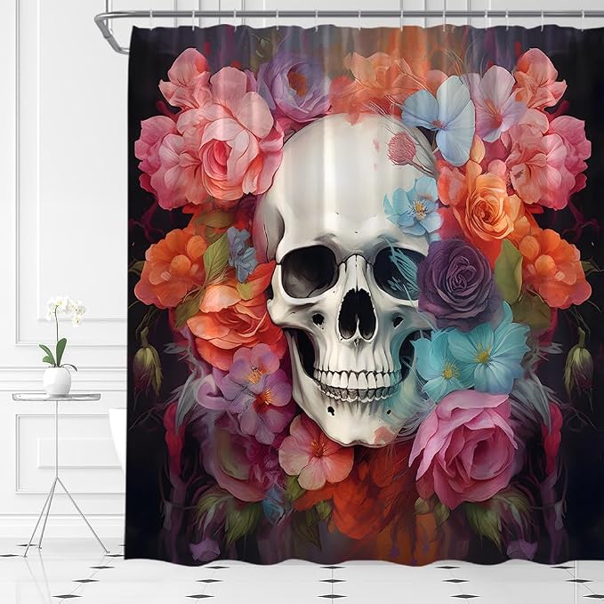 Sugar Skull Shower Curtain Gothic Halloween, 72 x 72 Inch - skull toilet mat