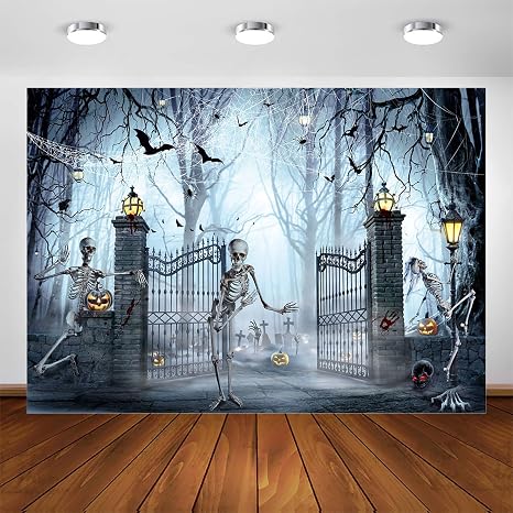 Halloween Backdrop Horrible Cemetery Scary Forest Photography Background Pumpkin Lanterns Skull Ghosts Theme Halloween Party Decorations Holiday Photo Booth Banner Props (8x6ft)