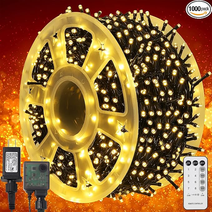 WATERGLIDE 1000 LED Christmas String Lights, 328 FT Green Wire LED Decorative Fairy Lights with Remote & 8 Modes, Waterproof for Outdoor Xmas Holiday Party Garden Wedding Home Decor, Warm White - string light