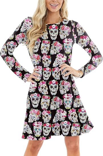 Deerose Women Halloween Dress with Pockets Funny Long Sleeve Outfits - sugar skull boots