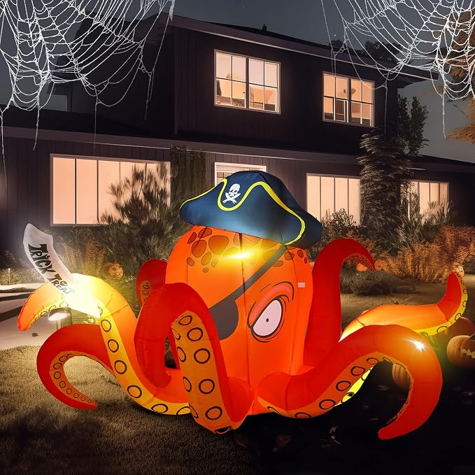 Hiboom 7.2 ft Halloween Inflatables Giant Octopus Pirate Lighted Decor - skull inflatable