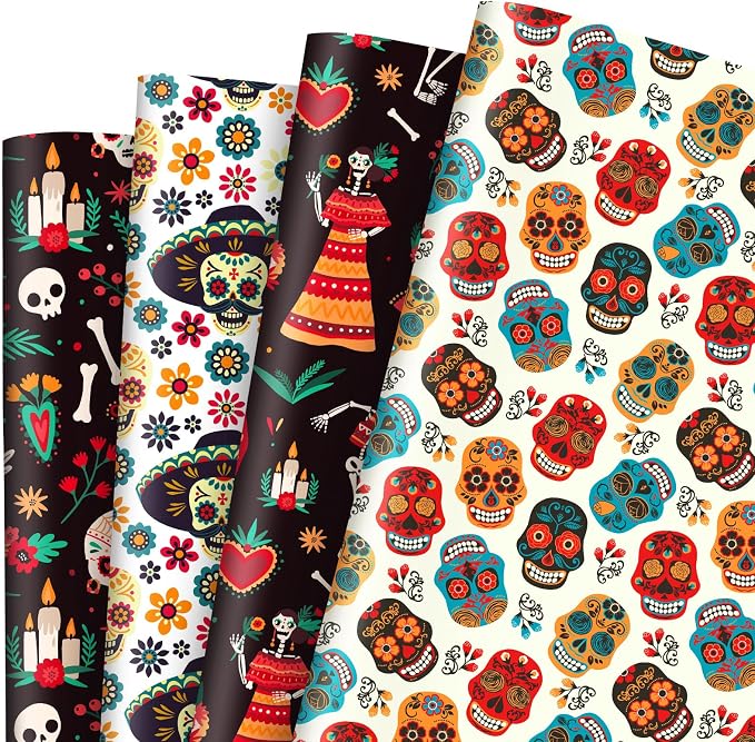 AnyDesign 12 Sheet Day of the Dead Wrapping Paper Mexican Skull Gift Wrap Paper Bulk Folded Flat Dia De Los Muertos Art Paper for Mexican Holiday Party DIY Crafts Gift Wrapping, 19.7 x 27.6 Inch - skull toilet paper