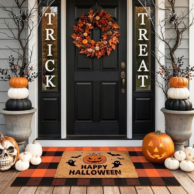 Halloween Layered Outdoor Front Door Mat, Fall Buffalo Plaid Rug - skull carpet
