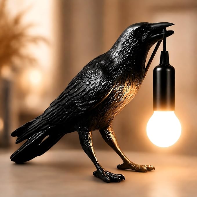 Raven Lamp Gothic Decor, Black Crow Table Light with LED Bulb E12 - skull lamp