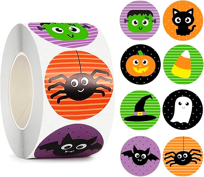 BAINFE 500PCS Halloween Stickers for Kids, Stickers for Treat Bags, Halloween Bat Spider Pumpkin Stickers Roll Holiday Stickers, Halloween Stickers for Adults, 8 Vibrant Colors and Designs - skull sticker