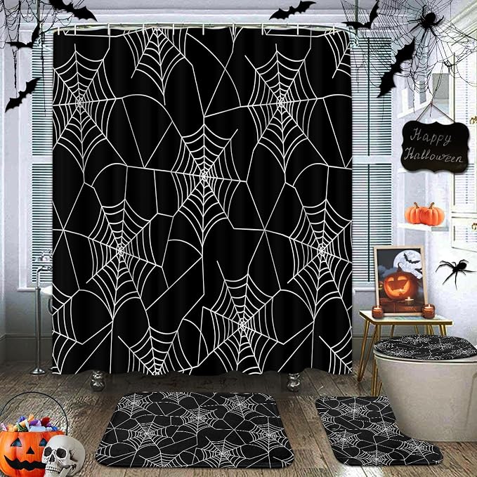 Bathroom Sets with Shower Curtain and Rugs, 4 Pcs, Halloween Spider - skull toilet mat