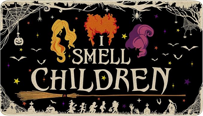 Halloween Witch Front Door Mat Outdoor Entrance, I Smell Children Door Mats Outside Entrance Halloween Porch Welcome Mat Doormat Outdoor Mats for Front Door, 17"x30" - skull floor mat