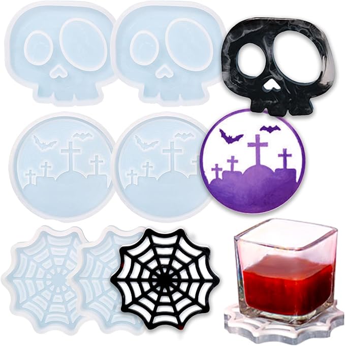 Halloween Coaster Resin Mold, 6Pcs Coaster Silicone Molds for Epoxy Resin, Skull Spider Web Cemetery Coaster Mold for Epoxy Casting, Jewelry Storage Candle Holder Mold for Craft Home Halloween Decor - skull coaster