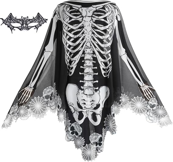 GRAJTCIN Womens Halloween Skeleton Costume Sheer Poncho Day of The Dead Ghost Cape Bat Mask