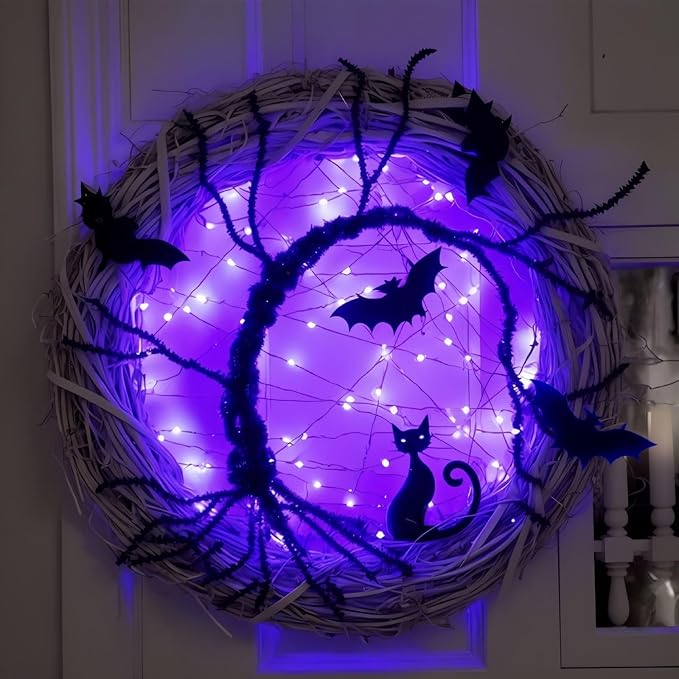 Halloween Wreaths for Front Door, 15 Inch Halloween Lighted Wreath with Bat and Cat Decor, 45 LED Purple Lights Battery Operated, Front Door Porch Wreath Decorations for Holiday Party (Purple) - skull wreath