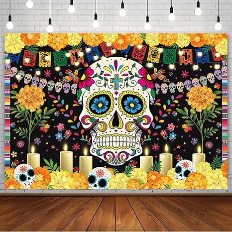 AIBIIN 7x5ft Day of The Dead Backdrop for Mexican Fiesta Sugar Skull Marigold Flowers Photography Background Dia DE Los Muertos Birthday Party Decorations Supplies Banner Cake Table Photo Shoot Props - skull sticker