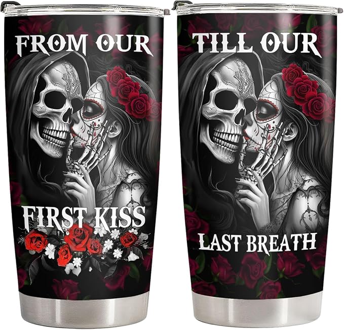 34HD Couple Skull Till Our Last Breath Skeleton 20 oz Tumbler, Halloween - skull bottle