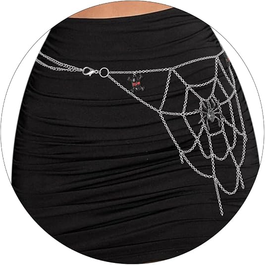 Navoky Halloween Skull Spider Pants Chain Punk Layered Belt Chain Goth Metal Jeans Chains for Women or Men - skull wallet
