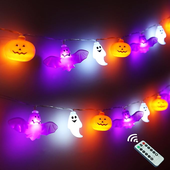 Halloween String Lights, 16.4FT 30 LED Pumpkin Bat Ghost Battery Operated Orange and Purple Lights Strobe 8 Lighting Modes Timer Fairy Indoor Outdoor Window Front Porch Decor Party Decorations - string light