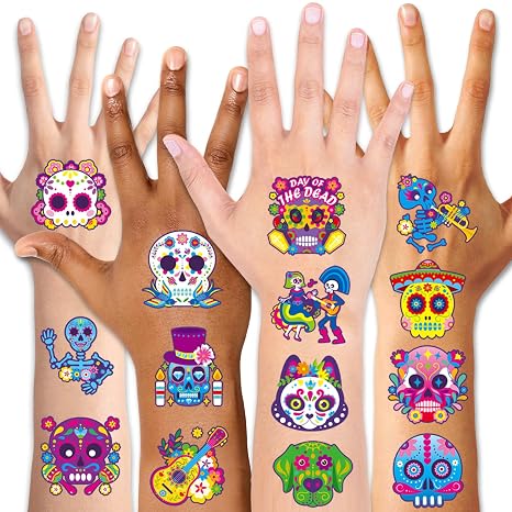 Qpout 96PCS Day of the Dead Sugar Skull Face Tattoos Colorful Cute Halloween Temporary Tattoos for Mexican Cosplay Halloween Party Favor Supplies - sugar skull makeup