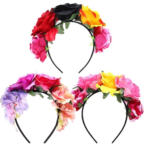 WILLBOND 3 Pcs Mexican Rose Flower Crown Headband, Classic, Lovely Colors - skull headband