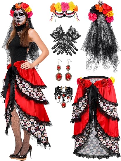 Liitrsh 7 Pcs Day of the Dead Costume Set, Lace Bustle Choker Gloves Crown - sugar skull makeup