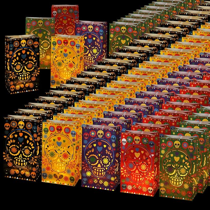 Ireer 30 Pieces Halloween Day of The Dead Luminary Bags - Dia De Los Muertos Candy Bag - Flame Resistant Candle Bag - Sugar Skull Gift Goodie for Mexican Fiesta Halloween Party Favors Supplies - skull candle