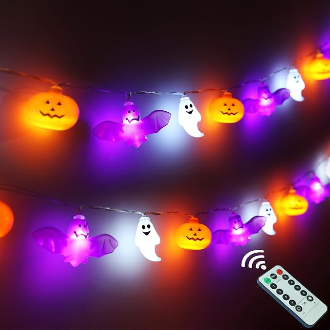 Halloween Lights, 16.4FT 30 LED Pumpkin Bat Ghost Battery Operated Orange and Purple String Lights Strobe 8 Lighting Modes Timer Fairy Indoor Outdoor Window Front Porch Decor Party Decorations - string light