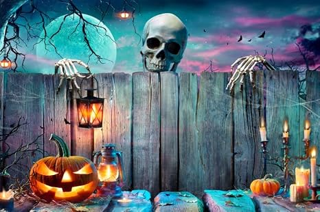 10x8ft Halloween Backdrop Skeleton Pumpkin Lantern Wooden Spooky Night Party Photography Background Ghost Wood Wall Halloween Party Decor Banner Horror Skull Halloween Photo Booth Props