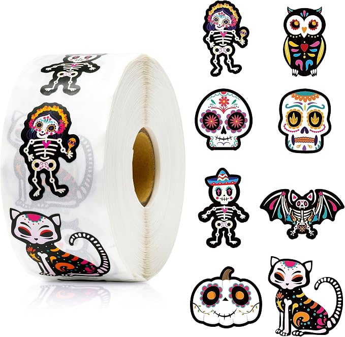 BeYumi 1000Pcs Day of The Dead Stickers Dia de Los Muertos Colorful Sugar Skull Skeleton Cat Stickers Waterproof Halloween Mexican Fiesta Stickers Decals for Laptop Water Bottle Kids Party Supplies - skull sticker