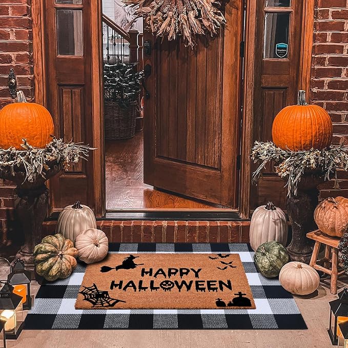 Homydecor Halloween Decor Doormat Combo Set, 100 Percent Coco Coir Welcome Mat + 28X43 Inches Black and White Plaid Rug - Halloween Front Porch Entryway Decor Floor Mat, Outdoor Mats Happy Halloween - skull floor mat